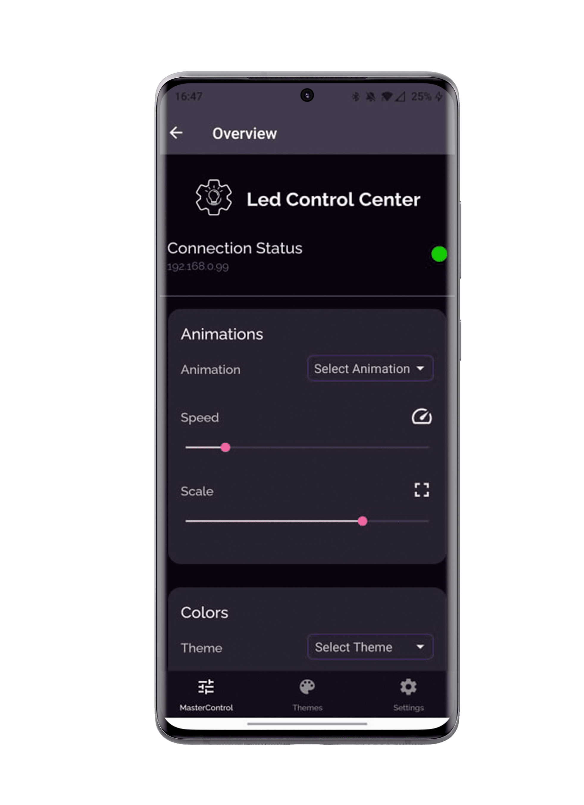 The main screen, edit theme screen and connection management screen.